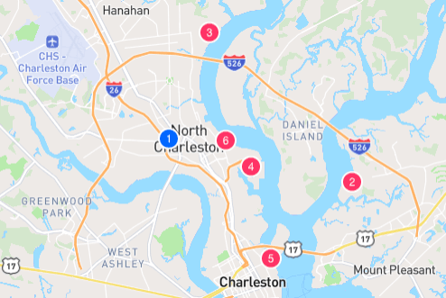 Map showing AIM Trucking location and nearby port terminals in Charleston, SC